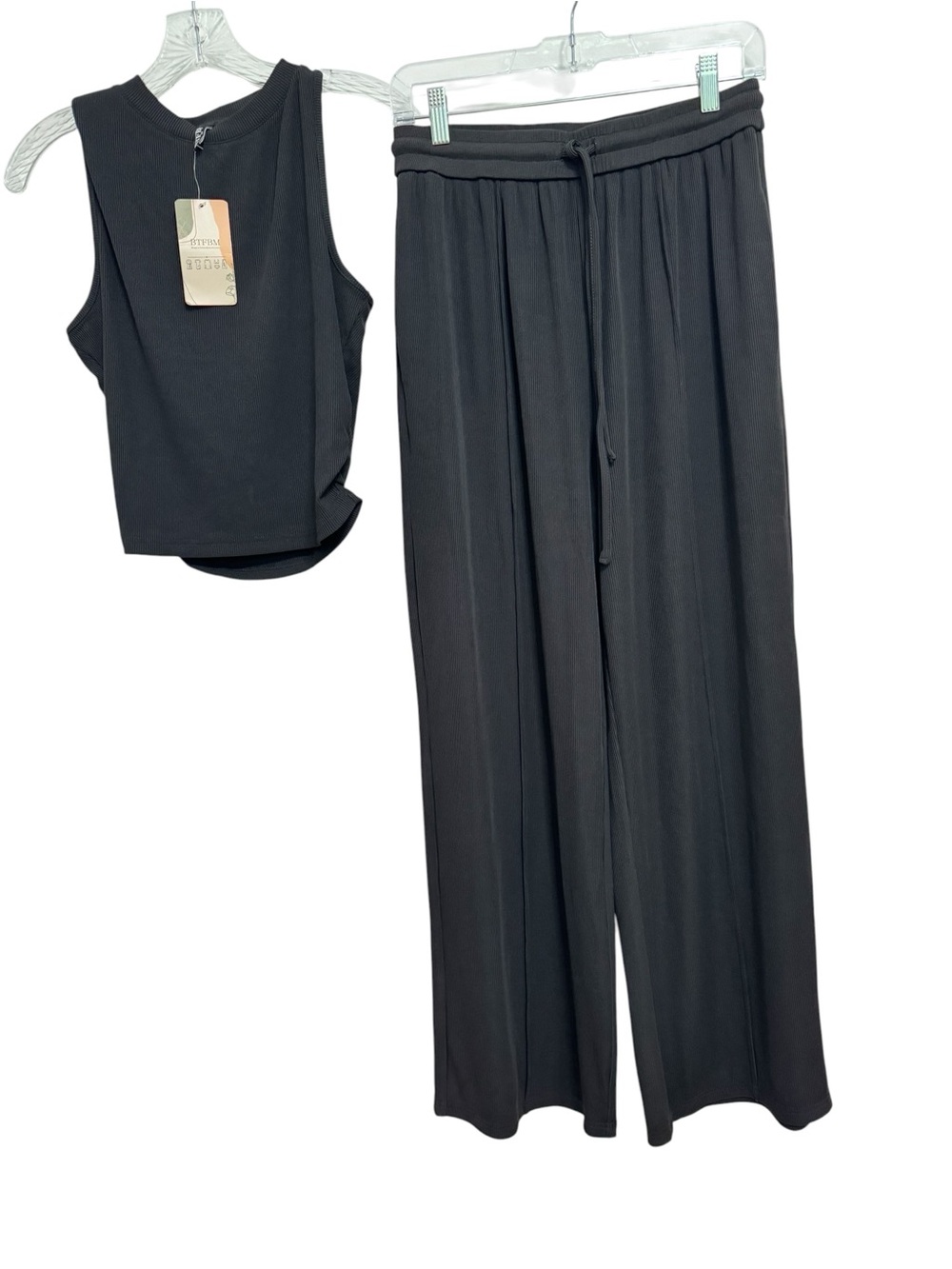BTFBM Black Ribbed Lounge Set Wide Leg Pants Sleeveless Top NWT